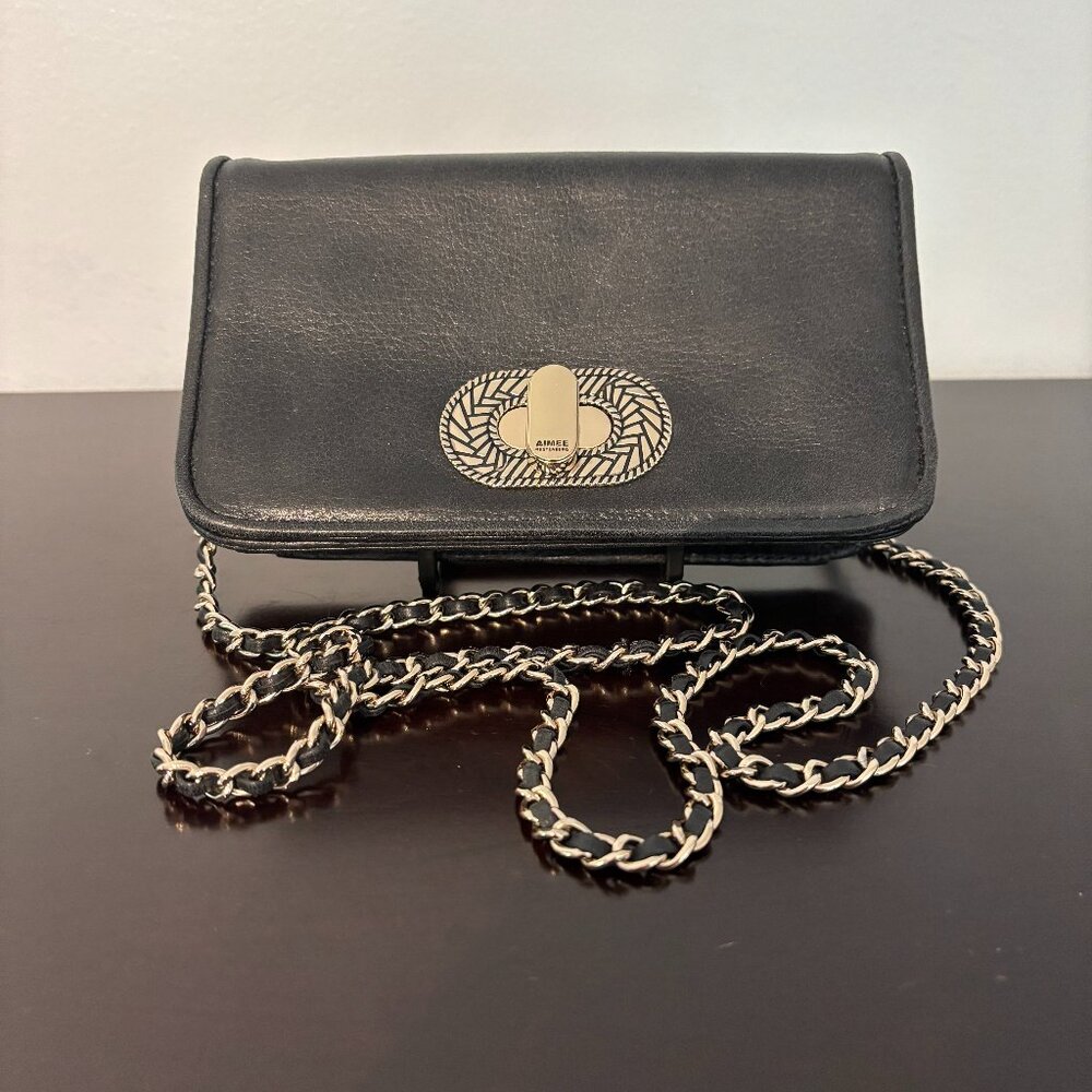 Aimee Kestenberg Black Leather After Hours Clutch Chain Strap Crossbody